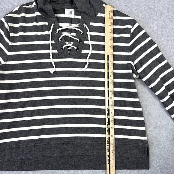 CAbi Womens #5324 Windward Hoodie Top Size Small Gray White Striped Lace Up Neck - Picture 7 of 9